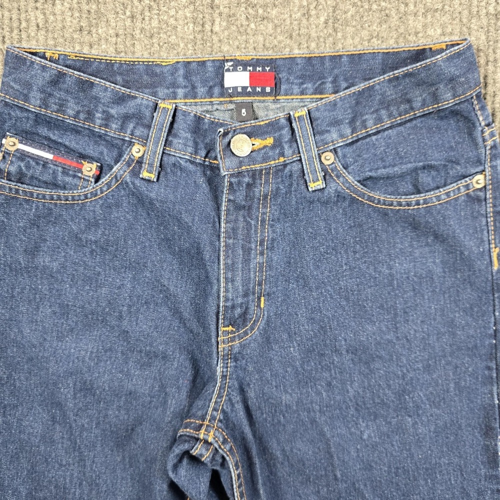 VTG Y2K Tommy Jeans Size 5 Blue Medium Wash Hipster Flare 100% Cotton Flag Patch - Picture 2 of 13